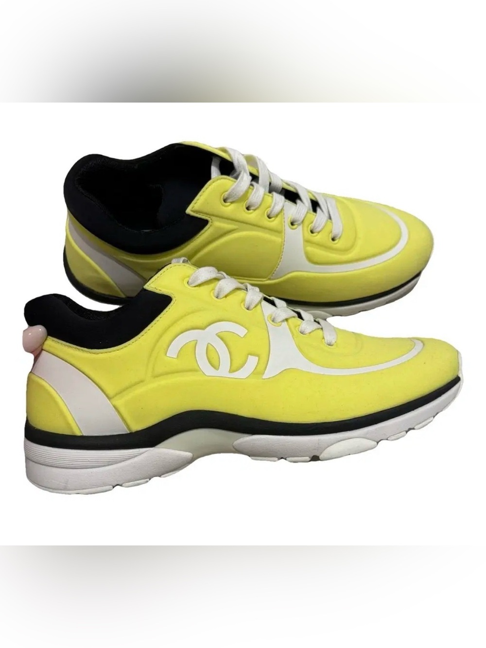 CHANEL Women’s Neon Yellow and White Logo Sneakers